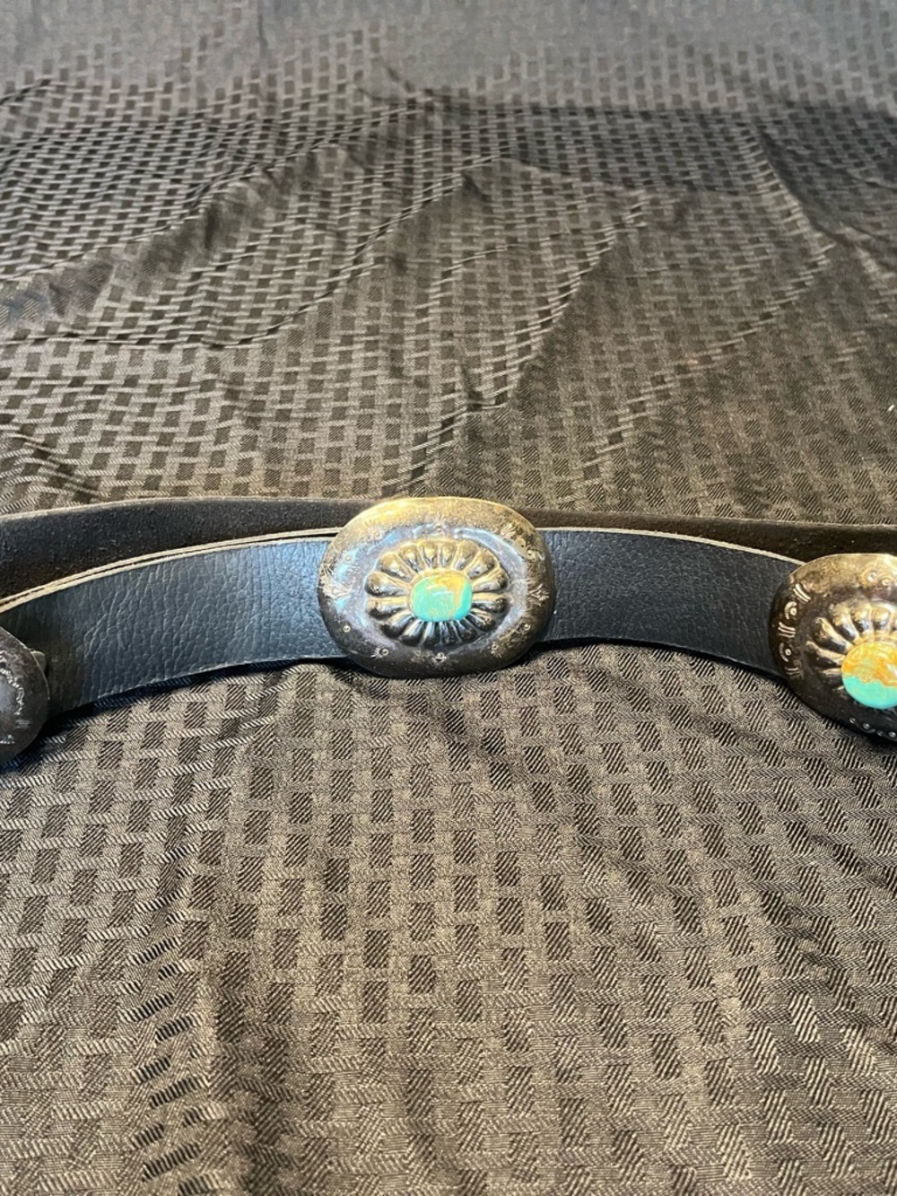 Navajo Vintage Black Leather Belt with 3 Sterling SilverTurquoise-Accent conchos - Picture 2 of 10